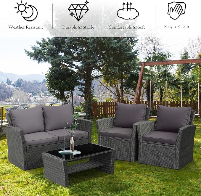 RELAX4LIFE 4 PCS Wicker Patio Furniture Set with Soft Cushions & Tempered Glass Table Outdoor Rattan Sofa Set for Backyard Garden Balcony Poolside Sectional Conversation Couch Set (Gray)