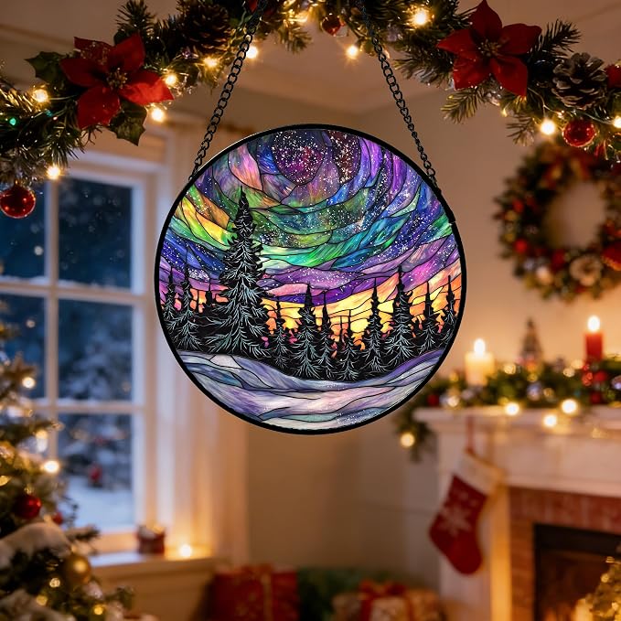 DASTOLL Stained Glass Window Hanging, Van Gogh Night Scene Sun Catchers Colorful Glass Panel Starry Sky Suncatcher Decor for Birthday for Women, Men, Wife, Aunt, and Mom 7.8 in