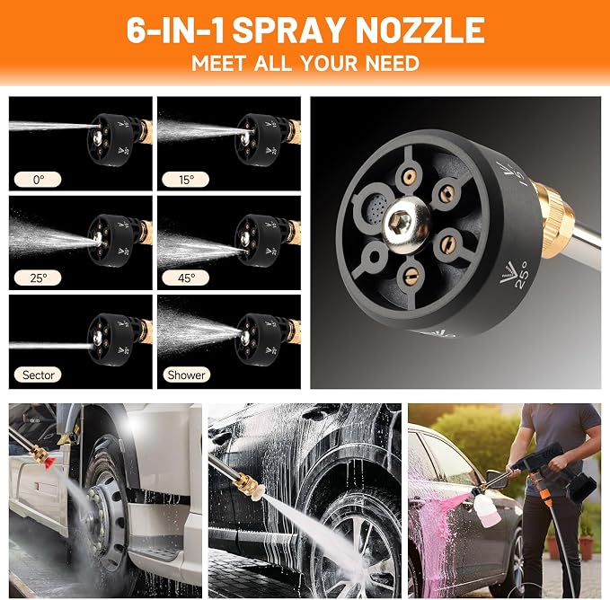 Portable Cordless Cleaning Kit,Handheld Car Cleaner Machine with 6-in-1 Nozzle,16.4FT High-Elastic Hose,Foam Pot,Water Spray Gun for Car,Garden,Floor,Home,Outdoor Cleaning