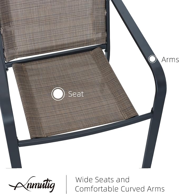 Outdoor Patio Dining Set 7 with 48" Round Table and Brown Stackable Chairs | 6 Person Use, 6 Piece Stackable Chairs, Textilene Seat & Back, Round Slat Table Top, 1.56"-1.9" Umbrella Hole, All Weather