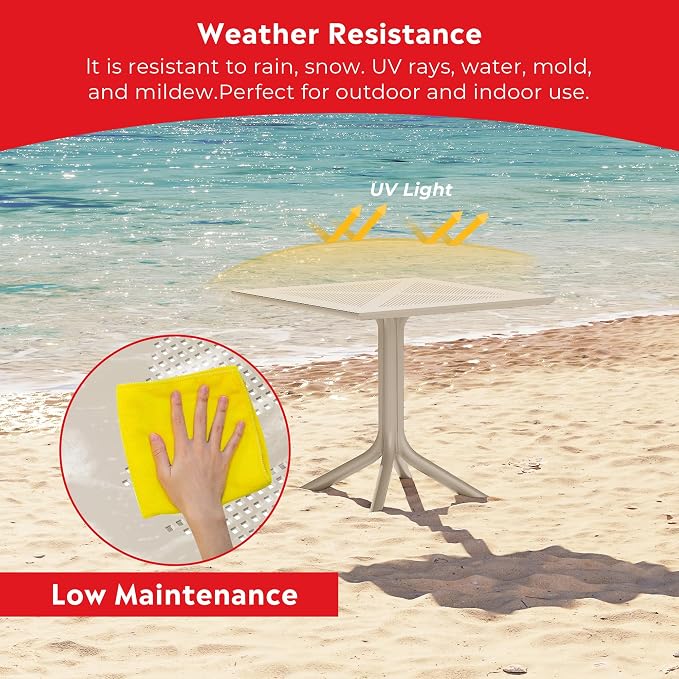 Costaelm Patio Dining Table for 4, Square PP Patio Table, 4-Person Weather Resistant Porch Tables for Outside Poolside Deck Lawn Garden Backyard, Sand