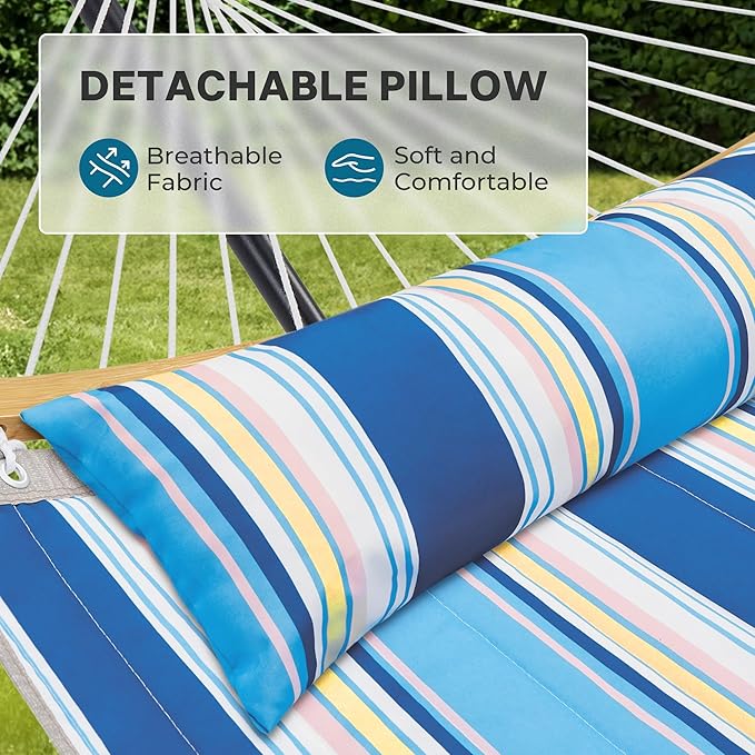 SUPERJARE Curved-Bar Hammock with Stand, 2 Person Heavy Duty Hammock Frame, Detachable Pillow & Portable Carrying Bag, Perfect for Outdoor & Indoor, Holiday Voyage Stripe