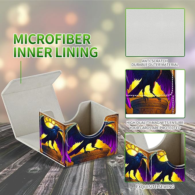 Card Deck Box for MTG, Cards Storage Box Fits 120+ Sleeved, Leather Small Size Strong Magnetic Closing Card Case for Board Games Magic TCG CCG Baseball Collection, Eagle With Purple Wings