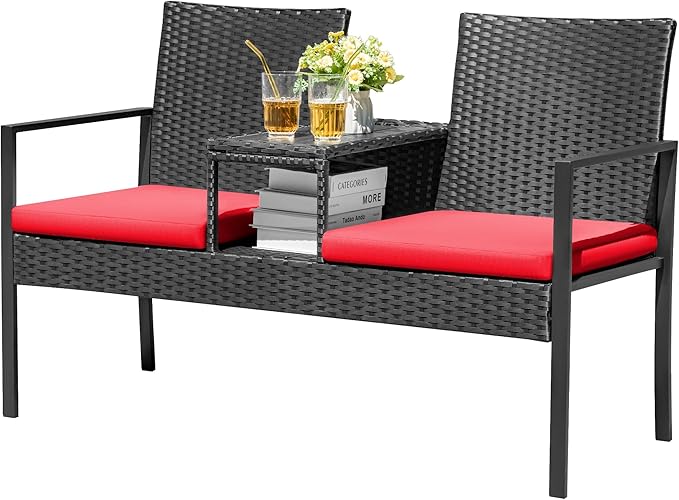 Devoko Patio Conversation Sets Outdoor Loveseat with Built-in Table & Cushions Wicker Patio Furniture Porch Chairs Bench for Lawn, Backyard, Balcony (Red)