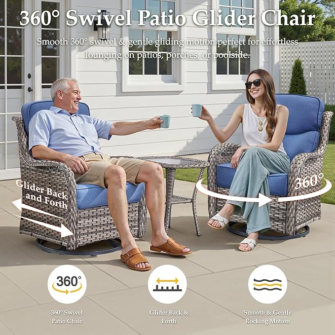 Luxury 4 Pieces Patio Furniture Set-Outdoor Swivel Rocker Patio Chairs with 6" Extra Thick Cushions, High Back Outdoor Couch and Coffee Table, Wicker Conversation Sets for Porch Deck(Grey/Blue)