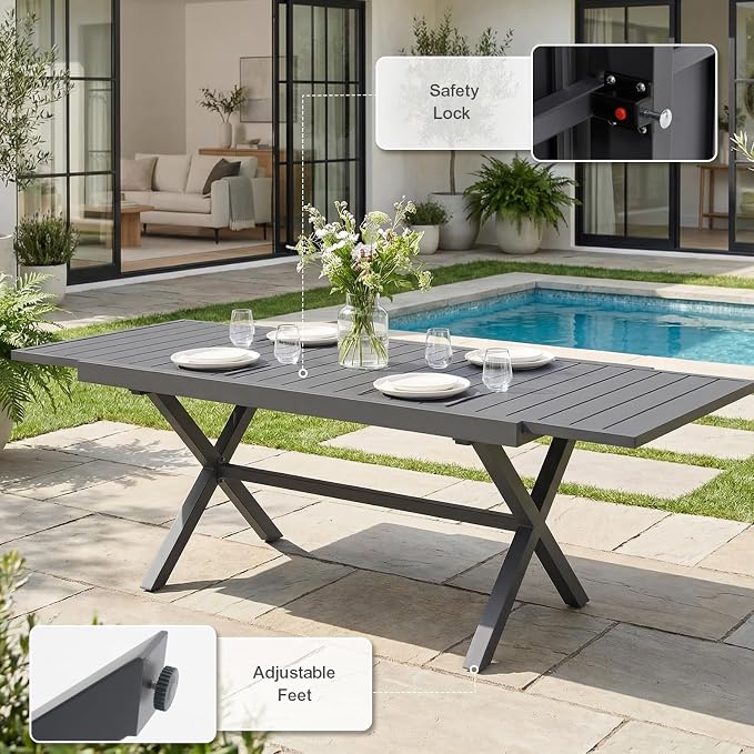 SUNSITT 7 Piece Outdoor Patio Dining Set, 65" - 107" Metal Expandable Outdoor Dining Table with X-Shape Legs, 6 Woven Rope Outdoor Patio Chairs w/Curved Armrest for Garden, Dark Grey
