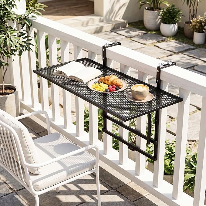Giantex Balcony Railing Table, 31.5" Large Metal Folding Bar Table with 5-Position Adjustable Height, Heavy Duty Outdoor Hanging Breakfast Table Adapts Various Railings for Porch, Patio, Deck, Black