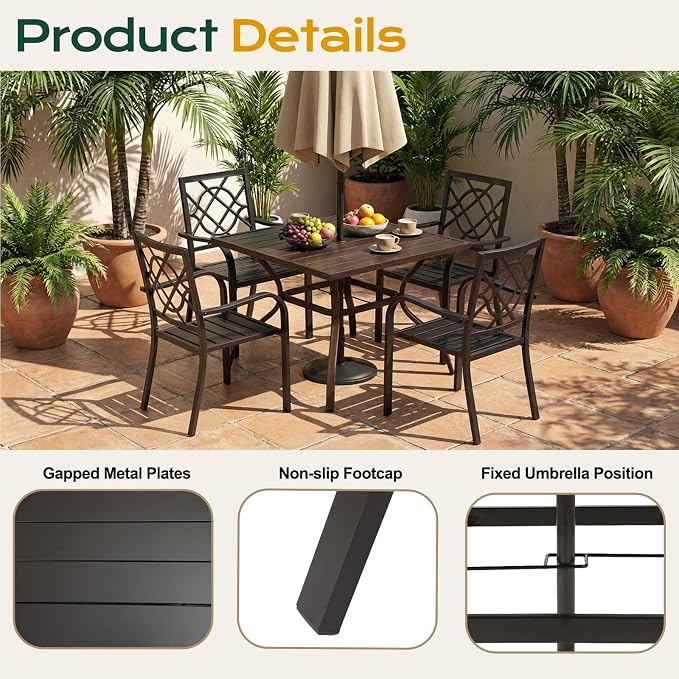 Aoodor Patio Dining Table for 4, 38'' Square Metal Outdoor Patio Table with Umbrella Hole, Outdoor Dining Table for Deck, Yard, Poolside, Porch