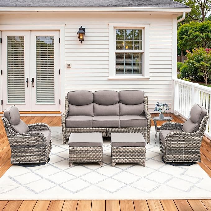 Luxury High Back Patio Furniture Set with 6-Inch Thick Cushions, 6-Pieces Outdoor Furniture with Swivel Chairs and Side Table, Wicker Conversation Set for Porch, Balcony, Deck and Yard, Grey