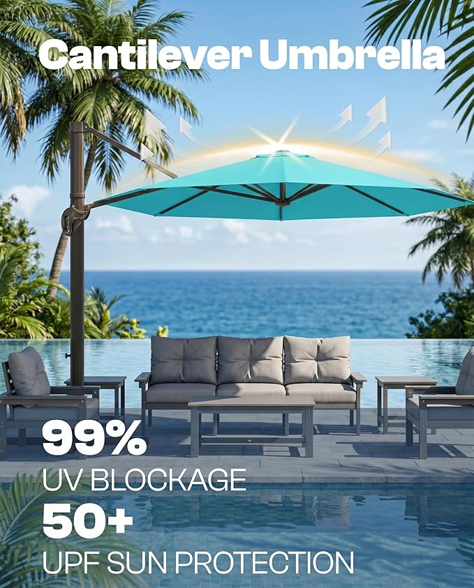 11 FT Round Cantilever Umbrella,Easy Tilt, Fade Resistant & 360° Rotation, Offset for Pool Deck Backyard Patiopeacock blue (Base not Included)