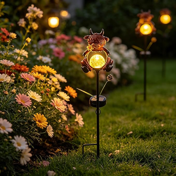 Solar Highland Cow Garden Stake Lights for Outside 2 Pack Metal Highland Cows Outdoor Decor Waterproof Decorative Garden Stakes Yard Lawn Landscaping Ornaments Housewarming Gifts for Women Mom Grandma