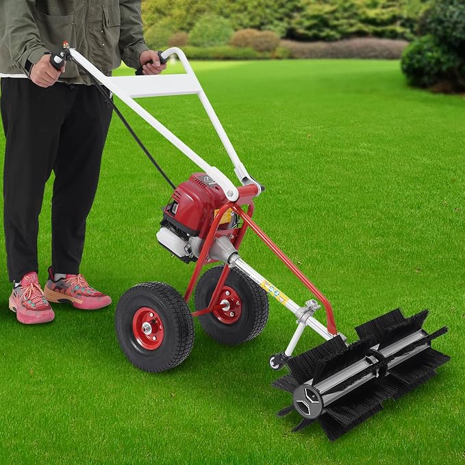 4 Stroke Gas Powered Hand Push Lawn Sweeper Broom, Gas Walk Behind Outdoor Sweeper with 23.62" High-Density Brush, Adjustable Handles for Yard, Driveway, Artificial Turf Leaf Cleaning
