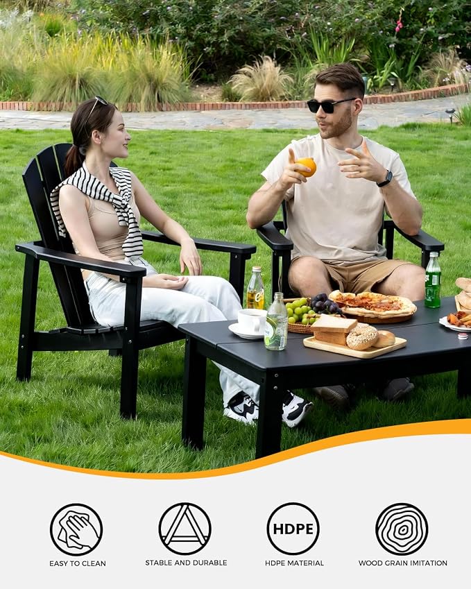 nevilywood 3-Piece HDPE Adirondack Chair Set, 2 Stackable Chairs Coffee Table, All-Weather Wood Grain, Patio Garden Backyard,Black