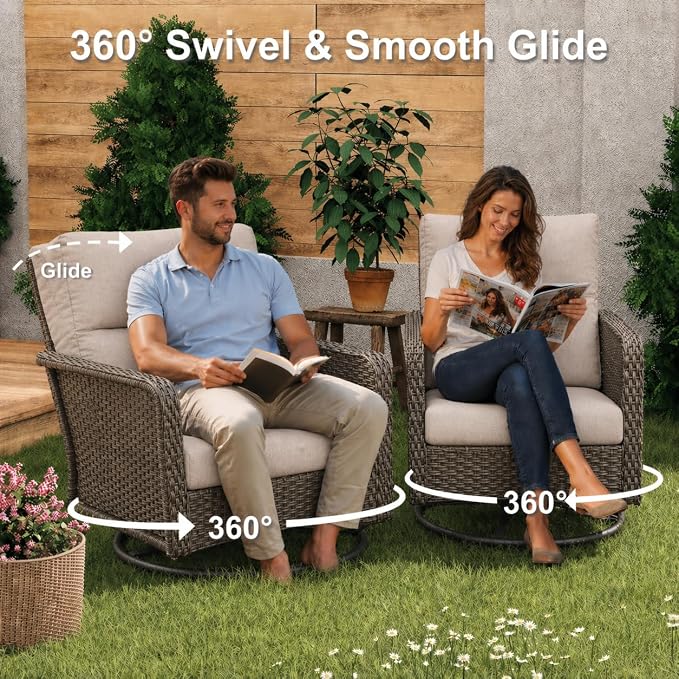 7 Seats Outdoor Patio Furniture Set with 44" Gas Fire Pit Table, Wicker Swivel Rocking Chairs Conversation Sets with Cushion, High Back Sectional Sofa with Gilder Chair for Yard Garden Porch, Beige