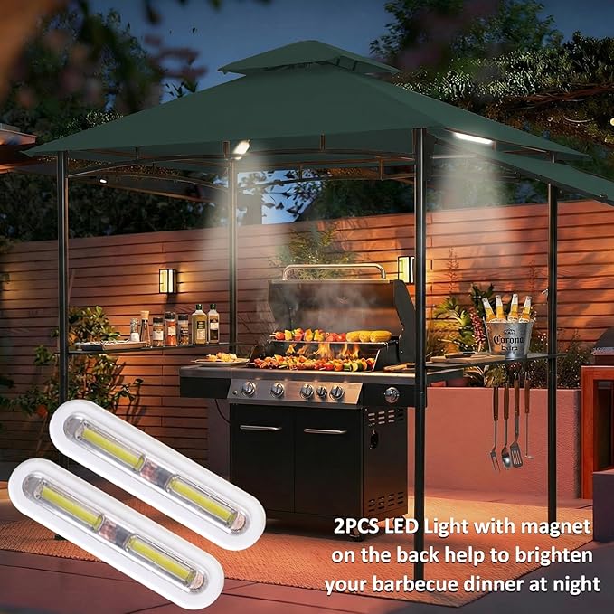 FAB BASED 5x8 Grill Gazebo with Extra Awning, All-Weather Steel Construction, Double Tiered & Resistant Canopy Roof, Metal Serving Shelves, 2 LED, Bottle Opener for Patio, Backyard, BBQ (Green)
