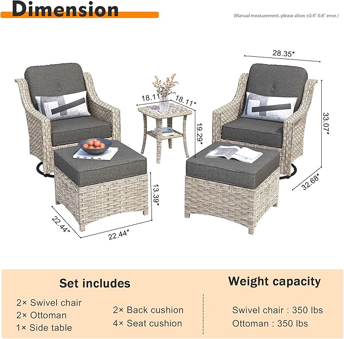 HOOOWOOO Patio Furniture Set,5 Pieces Wicker Outdoor Furniture,High Back Conversation Set with All Weather Resistant Swivel Chairs with Ottoman Side Table,Black