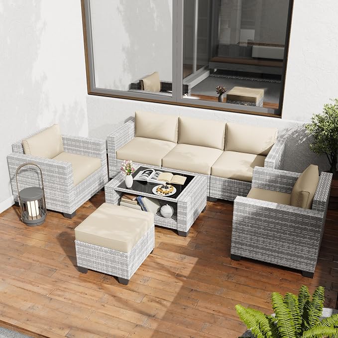 KIGOTY Patio Furniture Set 7 PCS Patio Conversation Sets, All-Weather PE Rattan Outdoor Sectional Sofa with Cushion and 2- Tier Glass Coffee Table（Grey White/Grey）
