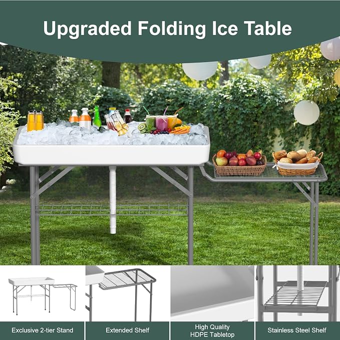 Folding Ice Cooler Table with Metal Side Desktop, Skirt &Drain Hose to Keep Drinks Cool, 4 Foot Portable Self-Serving Beverage Cooling Bar with Metal Shelf for Party, BBQ, Camping Picnic, White