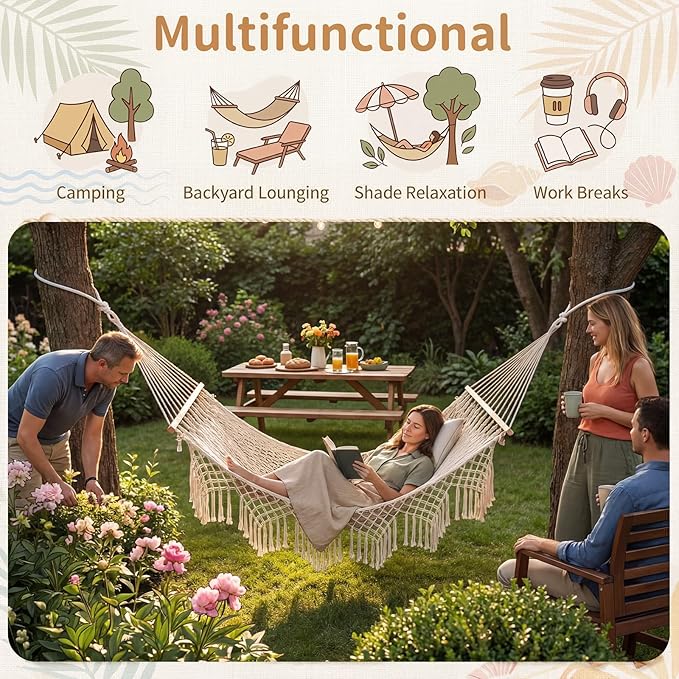 Hand Woven Cotton Rope Hammock with Spreader Bar & Fringes, 10 ft Double Hammock for Patio Garden Yard Porch Camping Beach Indoor Outdoor Hanging Include Rope Straps, 2 Person, 450lb Capacity