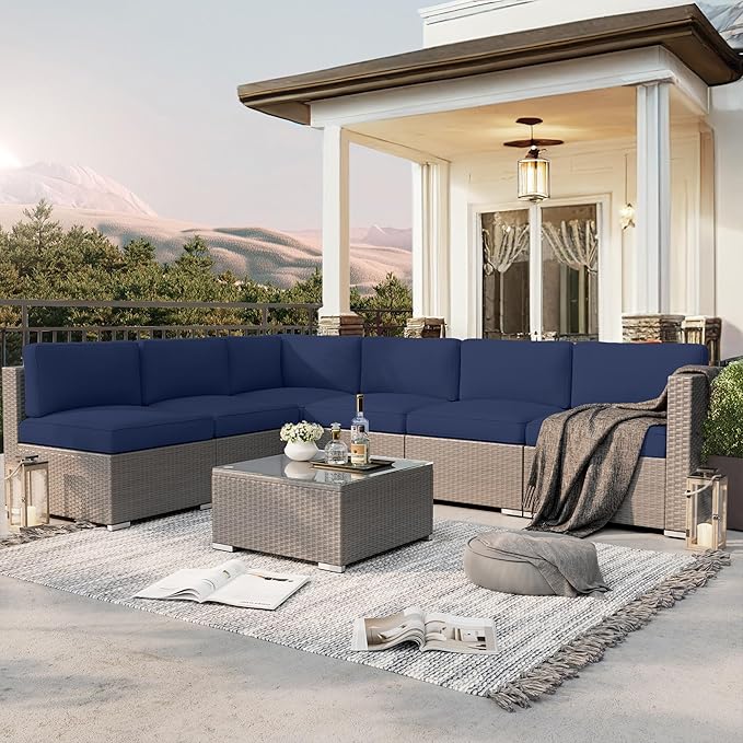 SUNCROWN Outdoor Patio Furniture Set 7 Piece Outdoor Sectional Sofa Grey Wicker Conversation Sofa Set with Coffee Table and Cushions,Dark Blue