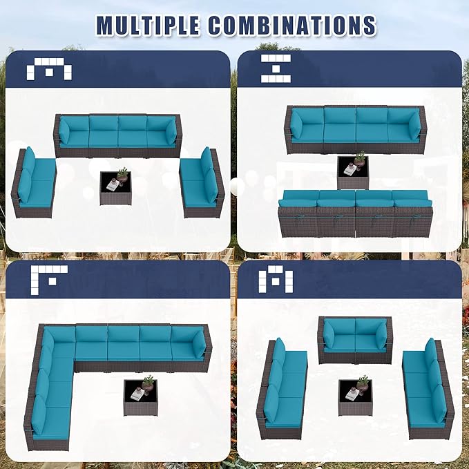 Patio Furniture Set 9pcs Outdoor Furniture for Backyard Sectional Sofa Set, Wicker Rattan Outdoor Conversation Set with 4 Inch Thickened Cushions and Coffee Table, Blue