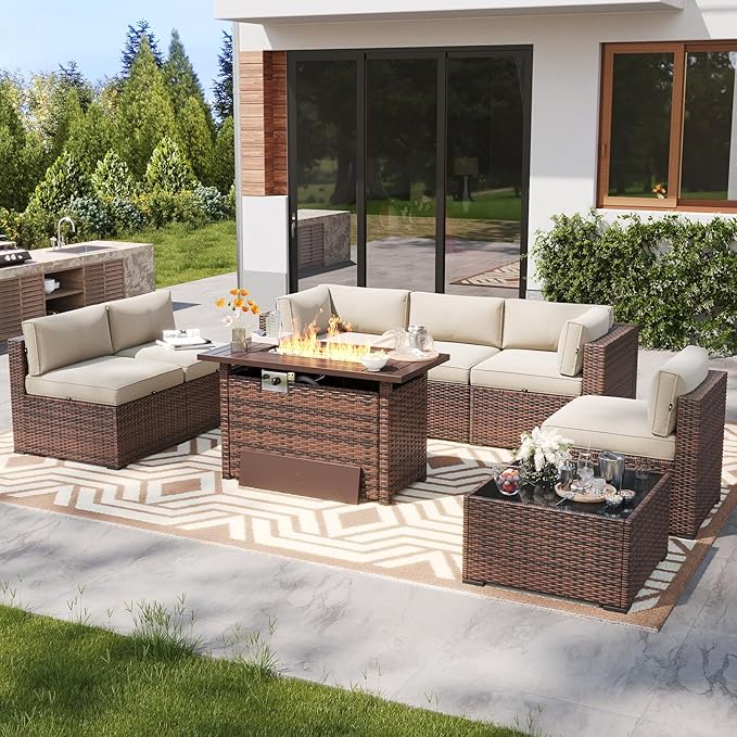 LazySunsets 8 Piece Outdoor Patio Furniture Set with 44'' Fire Pit Table, Outdoor Patio Furniture Set with Waterproof Cover, Wicker Rattan Outdoor Conversation Set for Backyard & Garden, Beige
