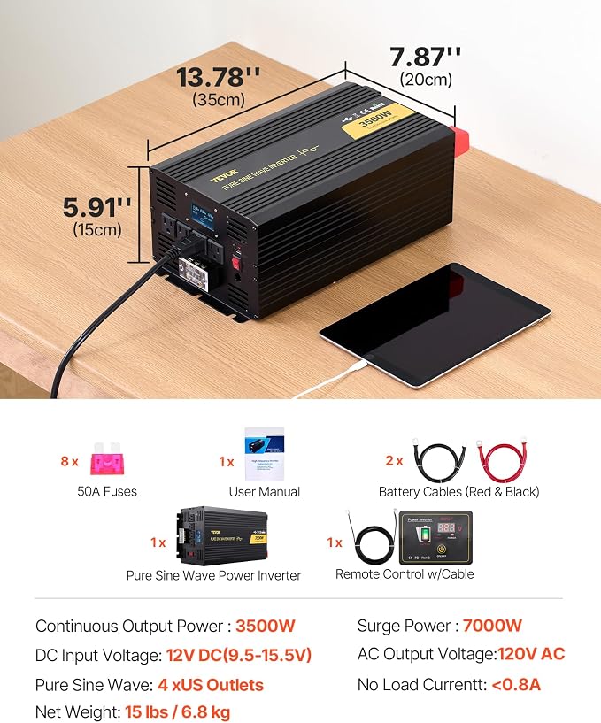 VEVOR Pure Sine Wave Inverter 3500 Watt Power Inverter, DC 12V to AC 120V Car Inverter, with USB Port LCD Display Remote Controller and AC Outlets (GFCI), for RV Truck Car Solar System Travel Camping
