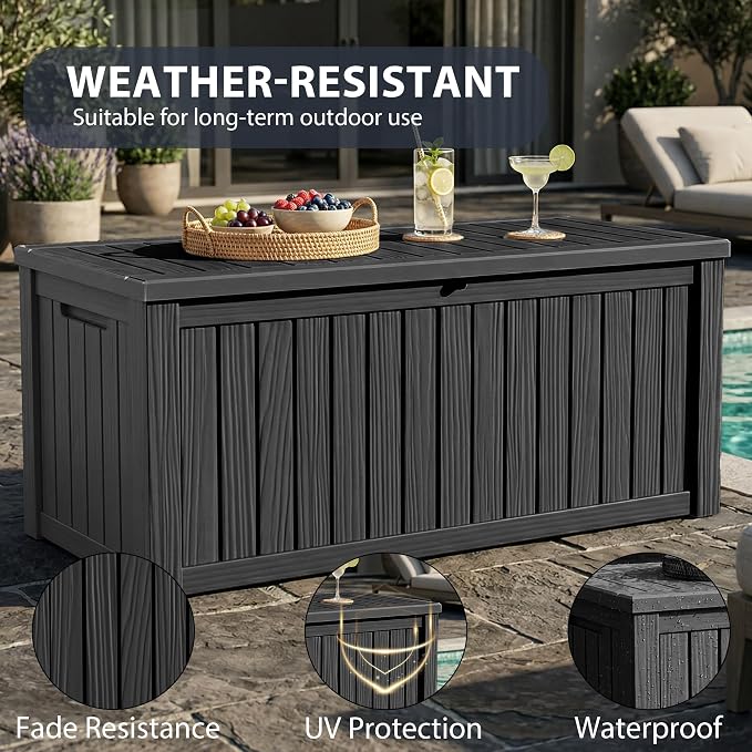 150 Gallon Outdoor Deck Storage Box, All Weather Vertical Wood Grain Lockable Storage Container for Patio, Poolside & Backyard Extra Large Outdoor Storage (Black,150GAL)