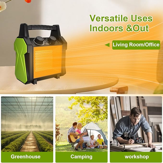 Outdoor Heater for Patio, 1500W PTC Ceramic Electric Space Heater with Overheat Protection, Safe & Fast Greenhouse Heater for Workshop, Flower Room, Camping, Green
