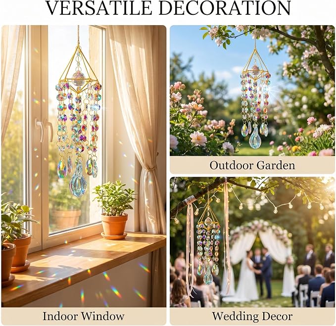 Crystal Suncatcher for Windows Hanging Glass Wind Chimes Whimsical Decor | Hand-plated,Prism Sun Catcher with Crystals,Rainbow Maker for Ceiling Garden Home Indoor Outdoor,Gift For Women