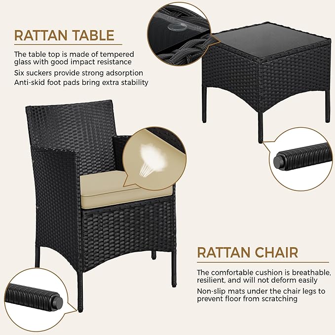 Yaheetech 3 Pieces Patio Conversation Set, Outdoor Rattan Bistro Furniture, 2 Chairs with Cushions & 1 Side Table for Bistro/Porch/Garden/Deck/Courtyard, Black/Khaki
