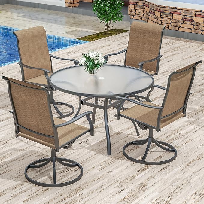 Anmutig 5 Piece Outdoor Patio Dining Set with 4 Swivel Dining Chairs & 1 Round Glass Dining Table, All Weather Dining Furniture Set for Lawn Garden Brown