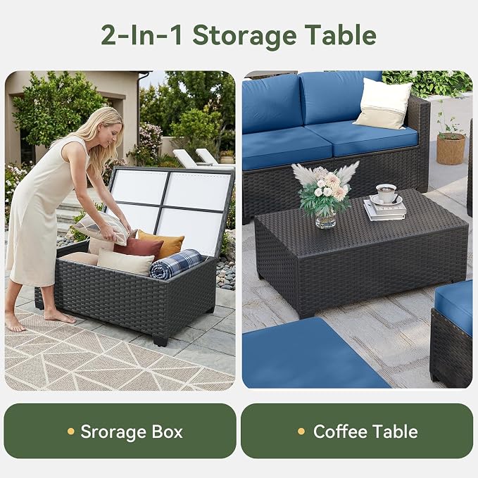 Aoxun Patio Furniture Set with Fire Pit Table, 7 Seats Piece Outdoor Furniture Set with Wicker Ottomans, Rattan Outdoor Sectional Sofa with Storage Table & Waterproof Cover Navy Blue