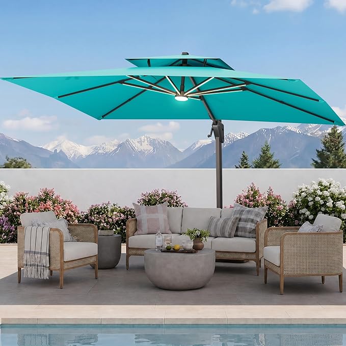 10 X 13 FT Cantilever Patio Umbrella with Led Lights and Base Included Heavy Duty Outdoor Double Top Large Rectangle Offset Umbrellas with 360-degree Rotation for Garden Pool Deck Backyard, Turquoise