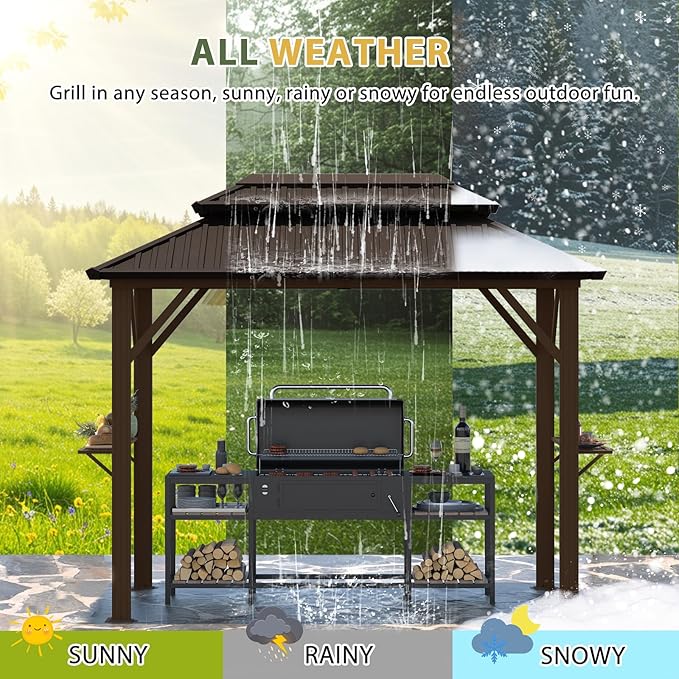 EROMMY 10' x 6' Hardtop Grill Gazebo, Outdoor Metal BBQ Gazebo with Double Galvanized Steel Roof, Permanent Grill Canopy with Side Shelves and Ceiling Hooks for Patio Deck Lawn Backyard Garden (Brown)