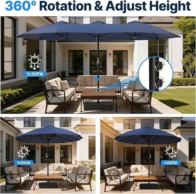 Suteck 15FT Patio Umbrella with Base & Solar Lights Included - Double-Sided Outdoor Large Umbrella with & Crank Handle, UV & Fade Resistant Canopy for Poolside, Backyard, Deck and Market, Dark Blue