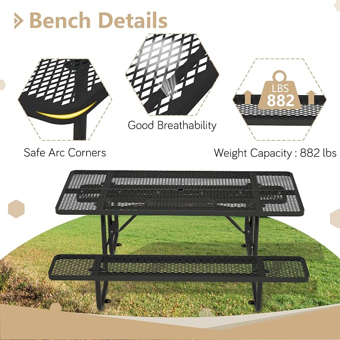 72 Inch Rectangular Metal Picnic Table with 1.73" Umbrella Hole, Heavy-Duty Steel Mesh Table Set, Weather Resistant Sturdy Outdoor Furniture, for Patio, Garden, Courtyard & BBQ, Black