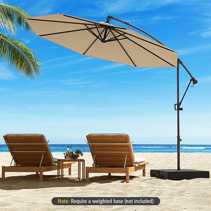 Tangkula 10 FT Patio Offset Umbrella, Hanging Cantilever Umbrella w/X-shaped Base & 360° Rotation, Smooth Crank Handle, Vented Top, Outdoor Market Umbrella for Backyard, Deck (Beige)