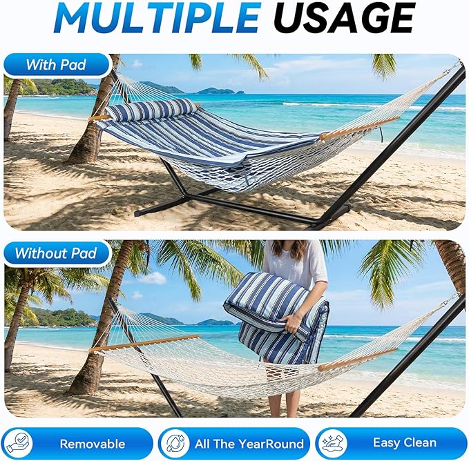 Double Hammock with Stand – Portable Cotton Rope Hammock with Removable Quilted Pad & Pillow, Adjustable Steel Frame for Patio, Backyard, Garden, Park, Camping & Outdoor Relaxation – Blue