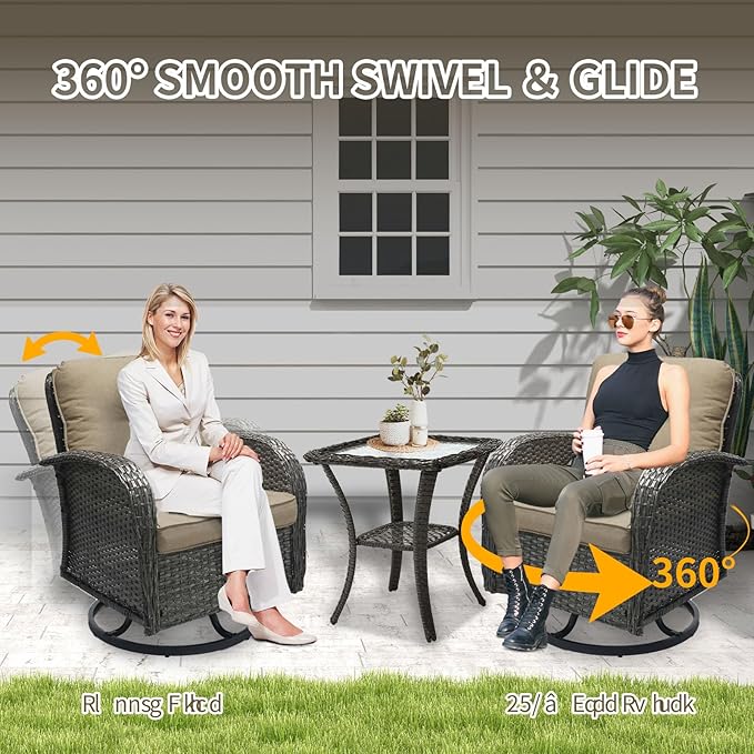 SHGJ&SOFT 3 Piece Patio Furniture Set, 2 Outdoor Swivel Rocking Chairs with Side Table, Wicker Glider Chairs, All-Weather Rattan Bistro Set for Porch, Deck, Pool (Khaki, Grey Full-Weave Rattan)