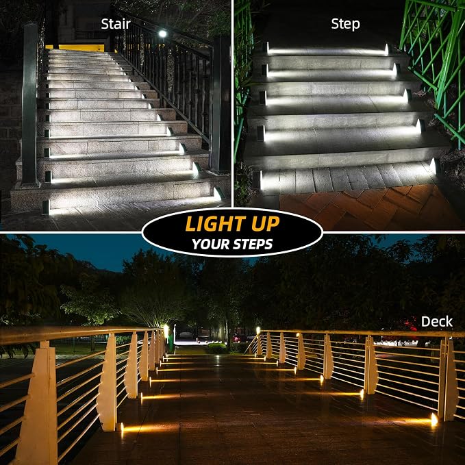 Solar Step Lights 6 Pack - Outdoor Stair Lights with 3000K Warm White & 6000K Cool Daylight, IP67 Waterproof, Auto On/Off, Super Bright for Deck, Patio, Steps