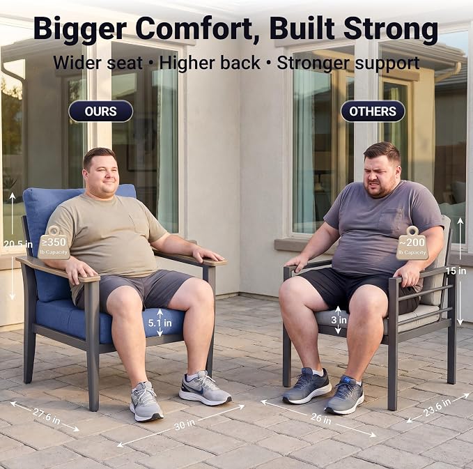 Aluminum Patio Chairs with Ottomans, 4-Piece Outdoor Patio Furniture Set, Modern Lounge Armchairs with Footrests, Wood-Like Armrests & 5.1" Thick Cushions for Porch, Poolside, Navy Blue