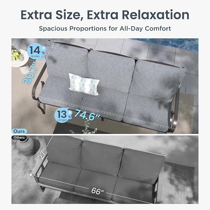 PHI VILLA Patio Furniture Set, 3-Seater Sofa, 4 Rocking Chairs and a Coffee Table, Outdoor Metal Conversation Set with 5.75" Extra Thick Cushion for Garden Backyard Deck, Grey