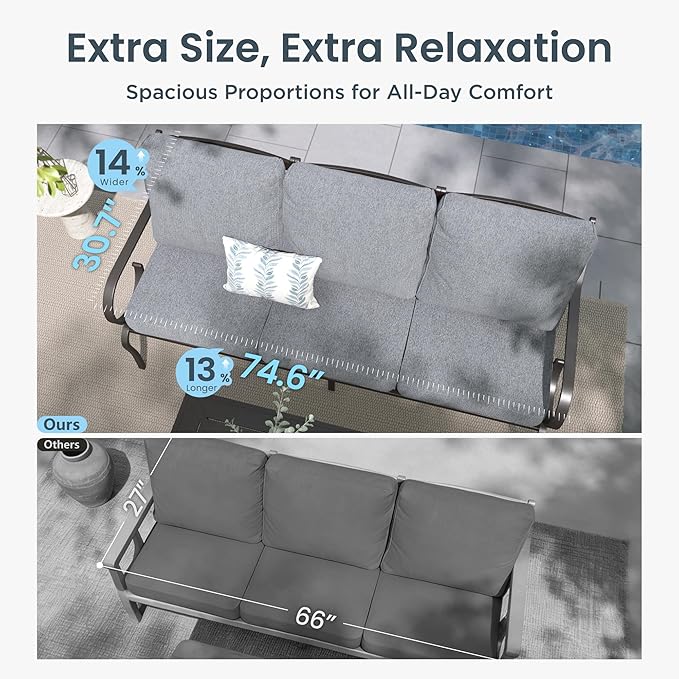 PHI VILLA Patio Furniture Set, 1 Loveseat, 3-Seater Sofa, 2 Swivel Chairs and a Coffee Table, Outdoor Metal Conversation Set with 5.75" Extra Thick Cushion for Garden Backyard Deck, Grey