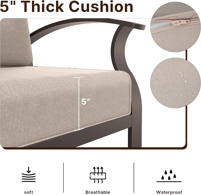 Gotland Aluminum Patio Furniture Set, Metal Outdoor Furniture with 2 Ottomans 5.1’’ High-Resilience Seat Cushions, 5 Piece Patio Set, Oversized Outdoor Sectional Patio Conversation Sets, Khaki