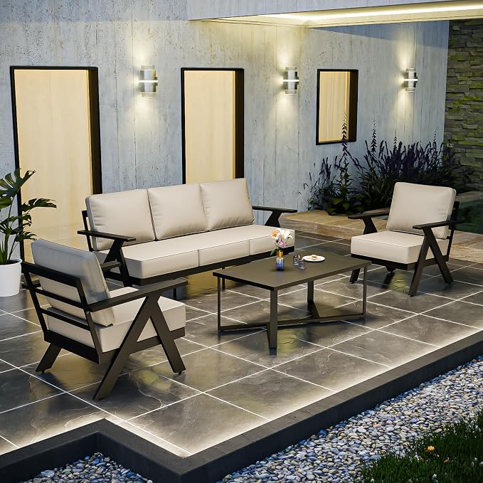 COOS BAY Iron Luxe 4 Piece Outdoor Patio Furniture Set, Modern Patio Conversation Set with 2 Patio Chairs, a 3 Seat Couch & Coffee Table for Deck, Garden, Porch, Black/Beige