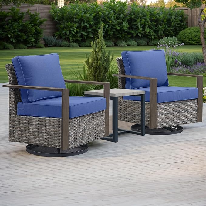 Outdoor Patio Swivel Rocker Chairs - 3 Piece Wicker Patio Furniture Bistro Set with 2 Swivel Rocking Chairs and 1 Metal Side Table,Thick Cushions,Deep Seating for Deck Porch Garden(Mixed Grey/Blue)