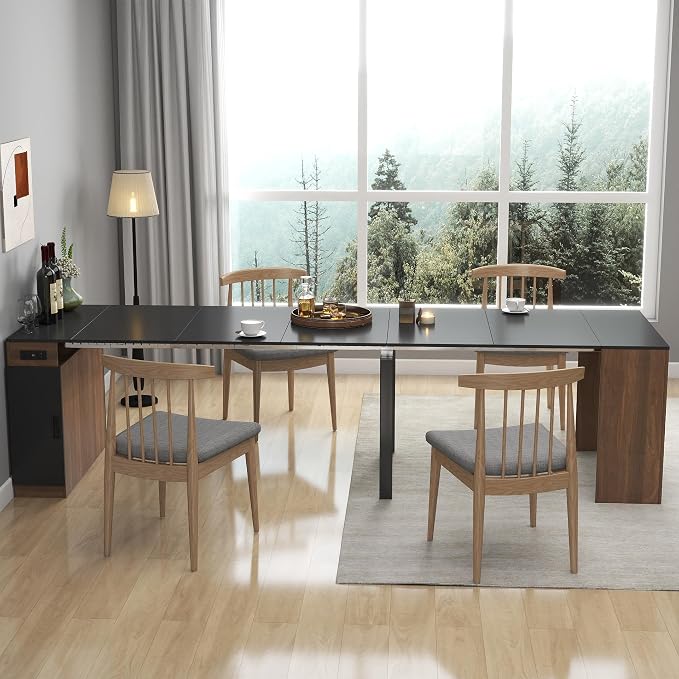 23.62”-118.11” Extendable Dining Room Table, 1-10 People Wood Long Foldable Tables with Storage Cabinet & Outlet, Space Saving Expanding Table with for Kitchen, Living Room, Walnut Black