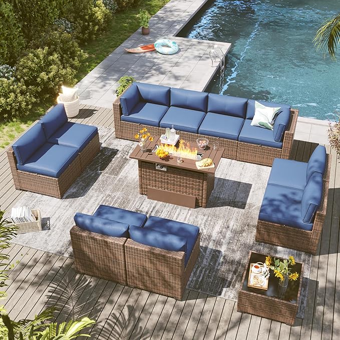 LazySunsets 12 Piece Outdoor Patio Furniture Set with 44'' Fire Pit Table, Outdoor Patio Furniture Sets with Waterproof Cover and 4'' Cushion, Wicker Rattan Outdoor Conversation Set for Backyard, Blue