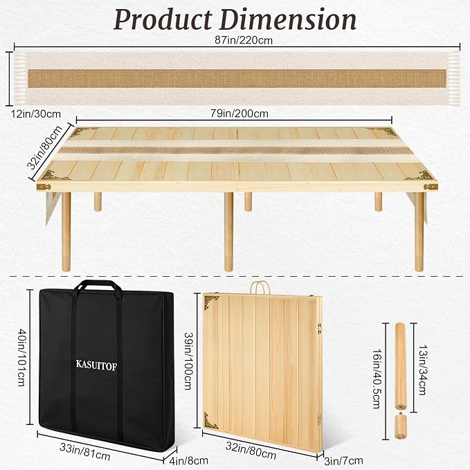 Low Picnic Table with 2 Adjustable Heights – Boho Wooden Picnic Table with Table Runner, 79" x 32" Size for 8, Portable & Foldable for Beach, Camping & Forest